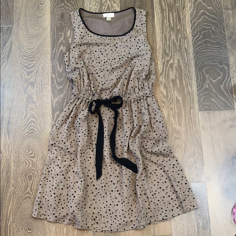 Tan w/ Black Dots Sleeveless Dress by LOFT, Small